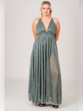 Luxxel Teal Shimmer Halter Maxi Dress